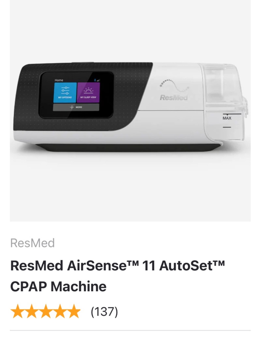 ResMed AirSense 11 CPAP Device in Black and White with Clear Chamber